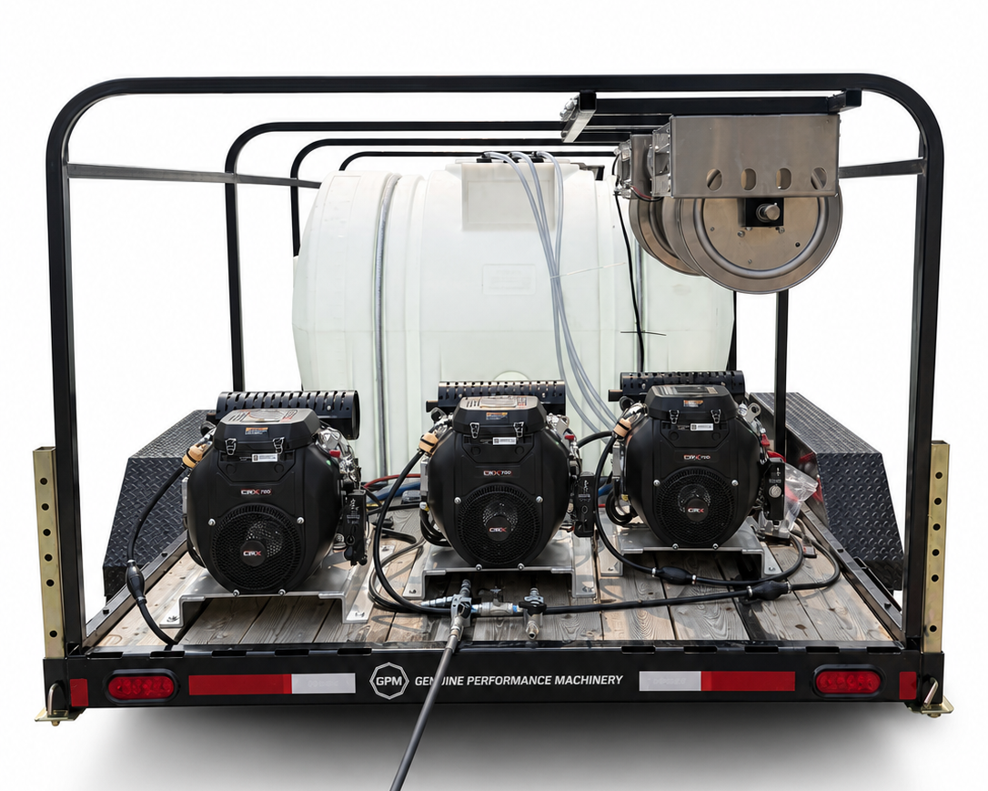 A heavy-duty trailer-mounted performance machinery setup with three black engines, a large white water tank, and a metal drum or filter component under a black frame, photographed on a white studio background.
